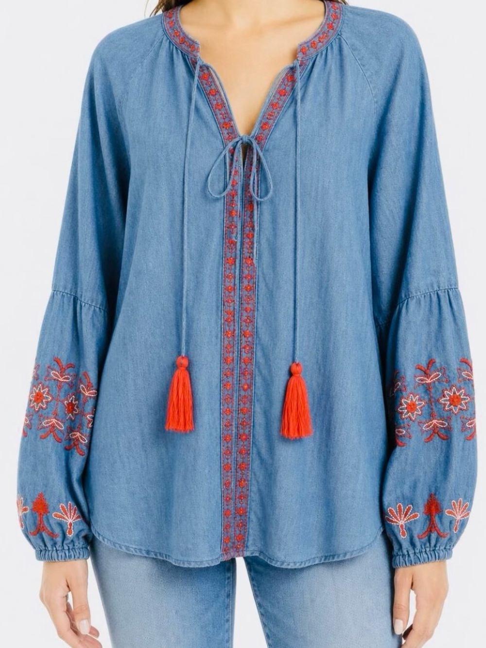 Given Kale Chambray Floral
Embroidery Balloon Sleeves. Tassels Tunic Blouse M